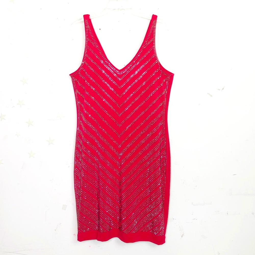 Cache red sequin body con dress